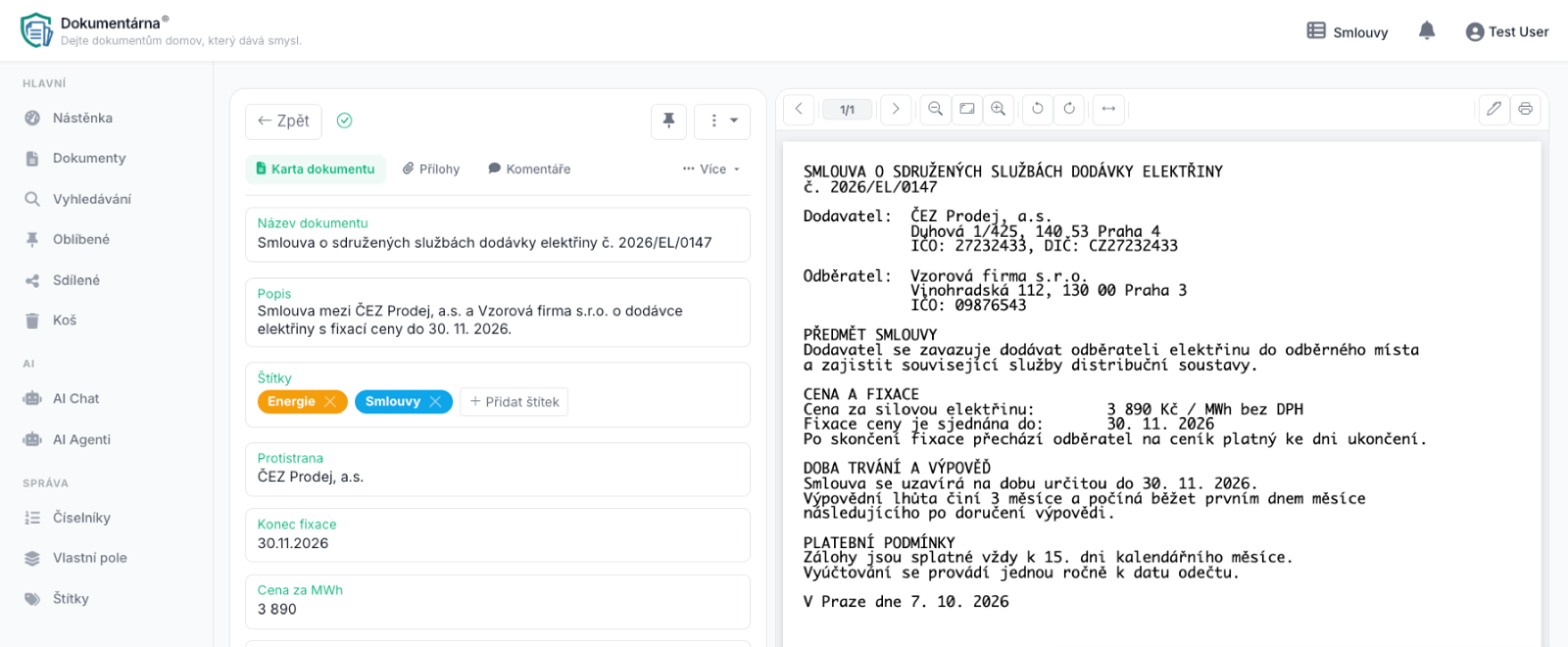 Karta smlouvy s poli vyplněnými AI a náhledem PDF