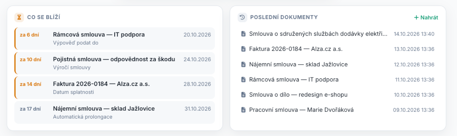 Přehled blížících se termínů ze smluv